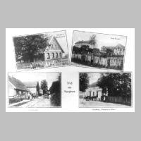 109-0053 Alte Postkarte von Wargienen - Oben links die Schule, oben rechts das Gut Porsch, unten links die Dorfstrasse und das Gasthaus -Wargiener Boerse-.jpg